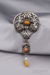 Arts & Crafts Silver and Amber Brooch, Kay Bojesen, 
